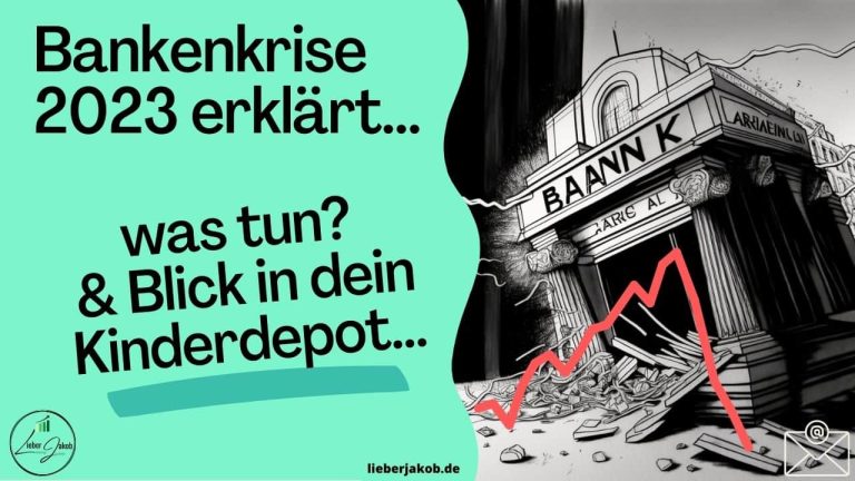 Titelbild zum Blogartikel Bankenkrise 2023 einfach erklärt. Was tun? Und blick in dein Kinderdepot. Bild zeigt eine kippende Bank und einen fallenden Börsenchart