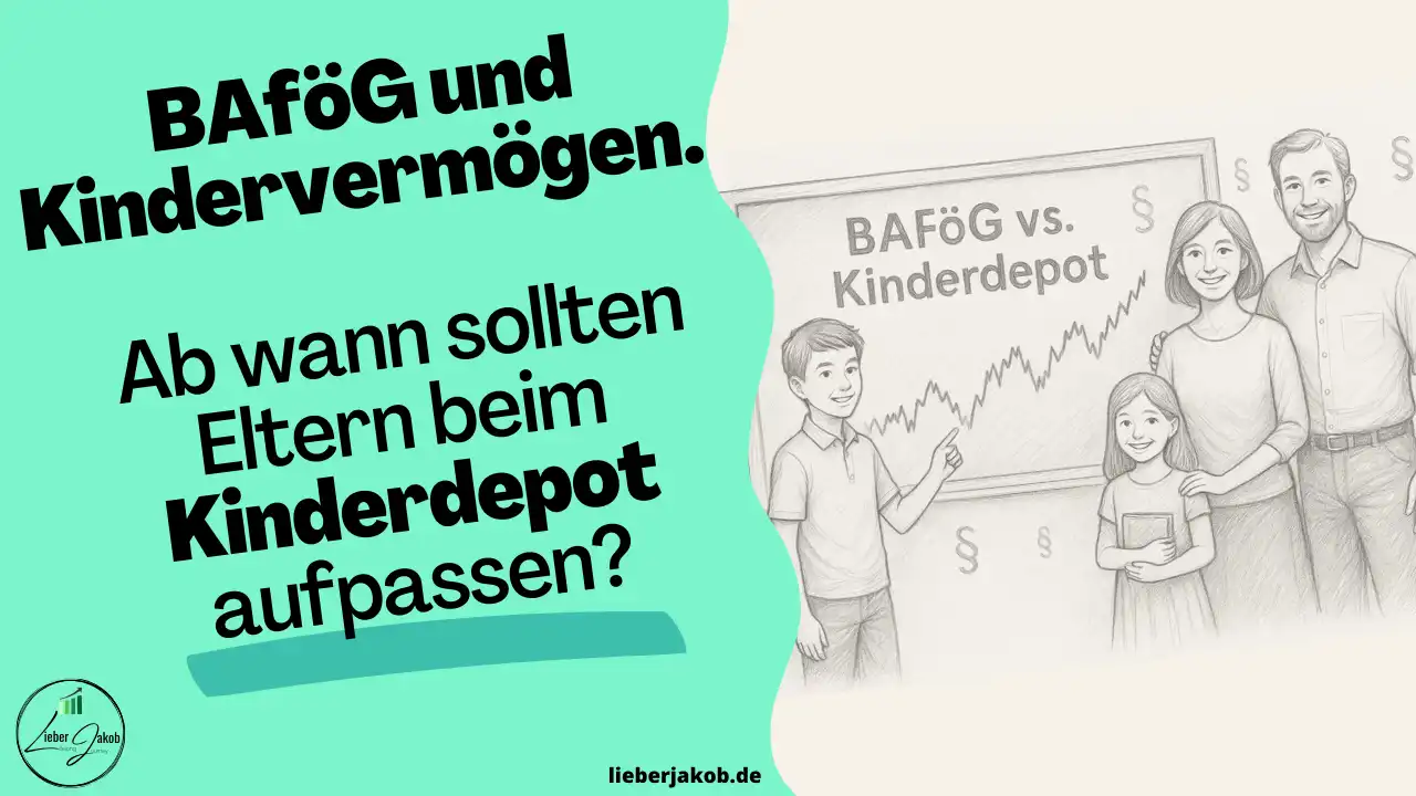 BAföG und Kindervermögen. Ab wann sollten Eltern beim Kinderdepot aufpassen? Bild zeigt Eltern mit Kind vor einem Aktienchart.